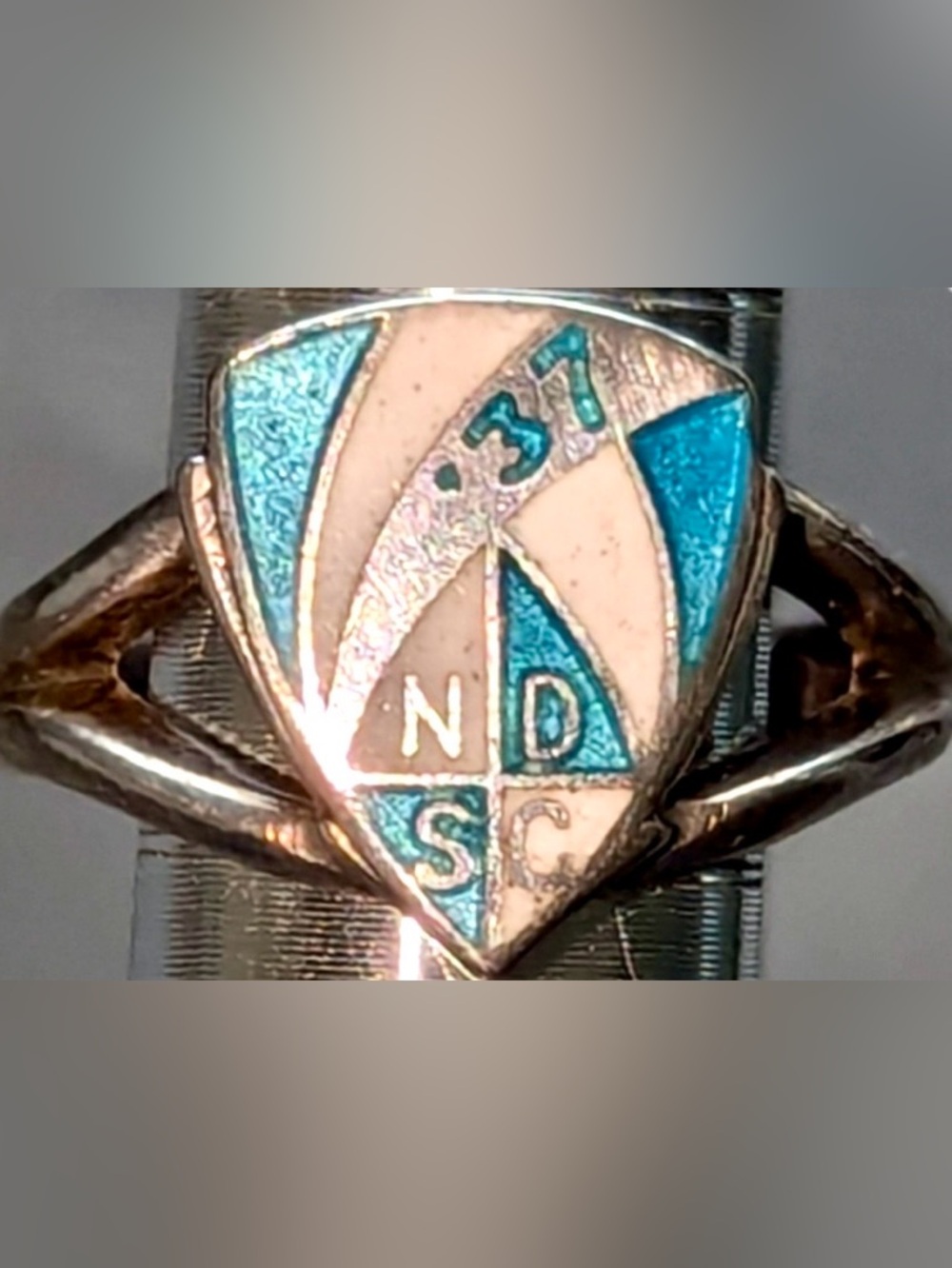 Vintage NDSC School Ring 1937 Shield Enamel Signet Ring in Teal and Cream.